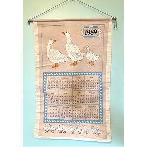 Vintage 1989 tea towel calendar, linen farmhouse wall hanging, ducks, 80s decor